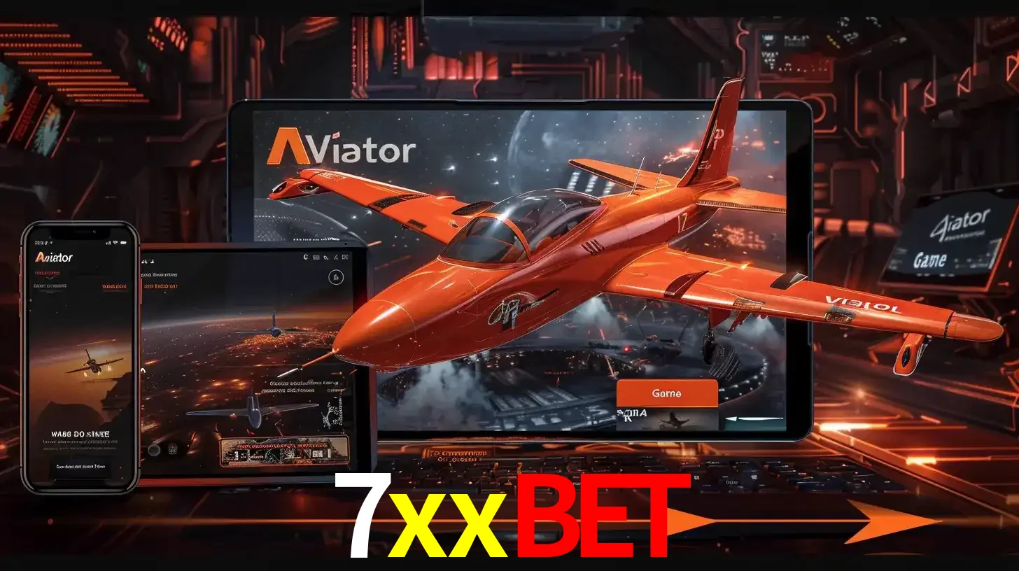 Apresentação tecnológica do jogo Aviator com um avião saindo da tela de um tablet, demonstrando a experiência imersiva em múltiplos dispositivos no 7xxbet.