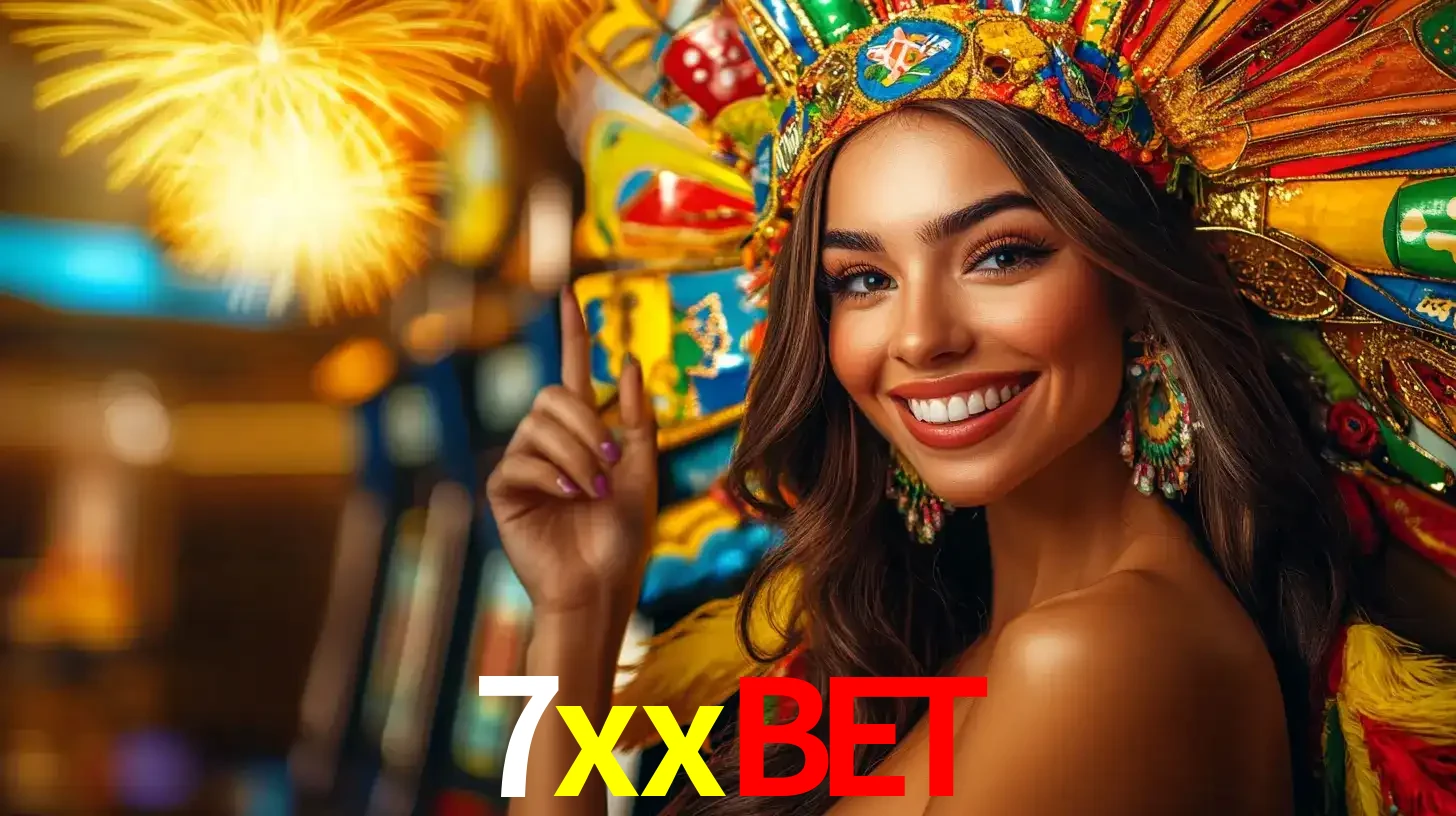 Mulher sorridente com um cocar de carnaval vibrante e colorido, celebrando uma grande vitória nos jogos do cassino 7xxbet com fogos de artifício ao fundo.