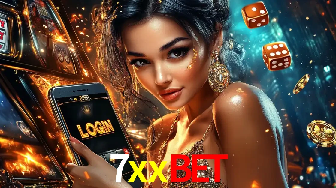 Mulher glamourosa segurando um celular com a tela de login do cassino 7xxbet, rodeada por dados e moedas douradas, pronta para começar a diversão.