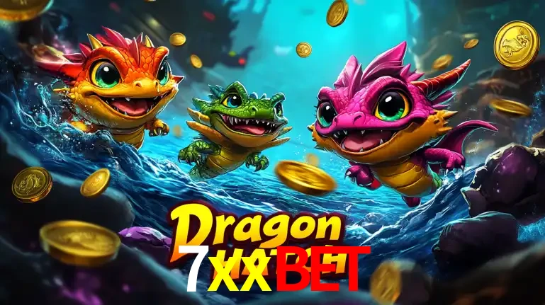 Arte promocional do jogo Dragon Hatch com três adoráveis dragões bebês nadando entre moedas de ouro, um dos slots mais divertidos para jogar no cassino 7xxbet.