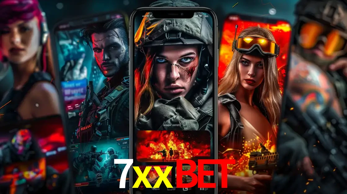 Montagem de telas de celular mostrando diversos personagens, masculinos e femininos, de um jogo de tiro, ilustrando a diversidade de equipes de e-sports para apostar no 7xxbet.