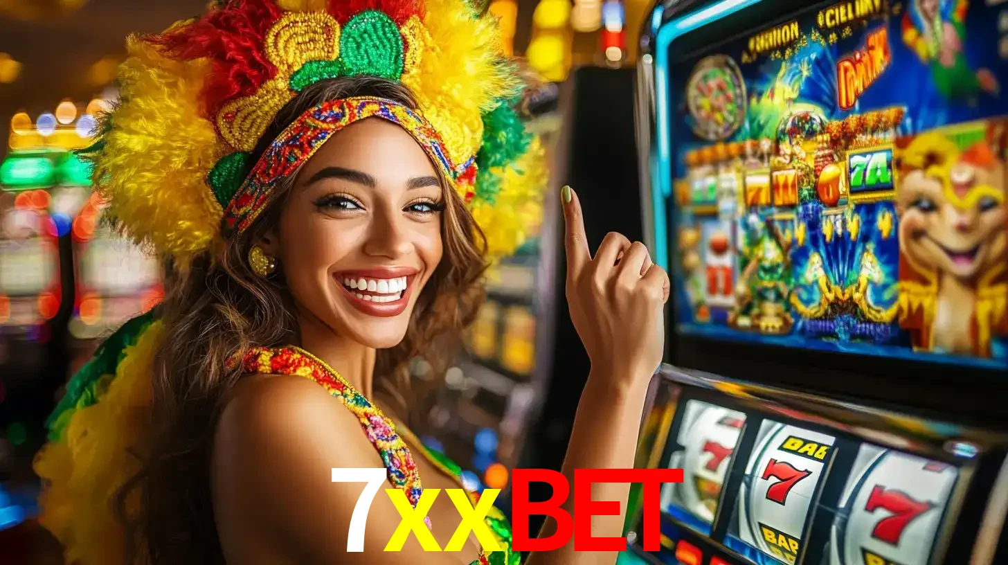 Mulher animada com um cocar de carnaval apontando para uma máquina de caça-níqueis, mostrando a emoção de ganhar um grande prêmio nos jogos do 7xxbet.