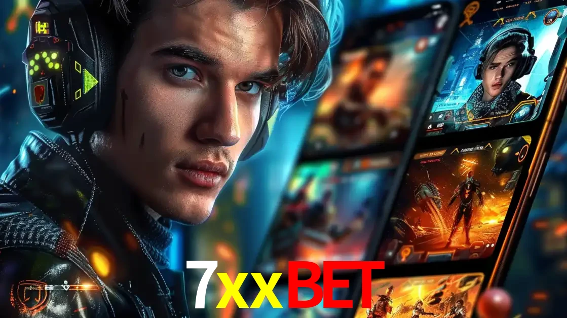 Jovem jogador com fones de ouvido olhando para a câmera, com um aplicativo de jogos e e-sports para celular ao fundo, pronto para a competição e apostas no 7xxbet.