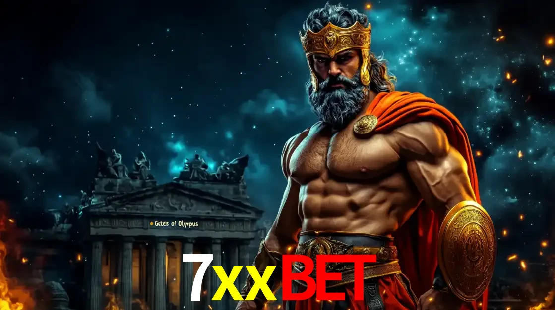 O poderoso Zeus do jogo de slot Gates of Olympus em frente ao seu templo, pronto para lançar multiplicadores divinos e prêmios épicos no cassino online 7xxbet.