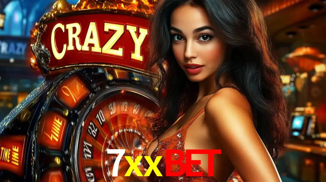 Mulher glamourosa olhando para a câmera com a roda vermelha do Crazy Time ao fundo em um ambiente de cassino, destacando a emoção dos jogos ao vivo no 7xxbet.
