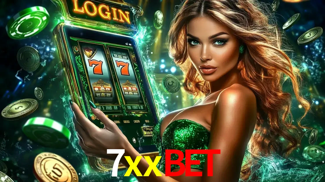 Mulher com tema verde apresentando o aplicativo do cassino 7xxbet com um jogo de slot de 777, cercada por fichas de cassino e uma aura de sorte.