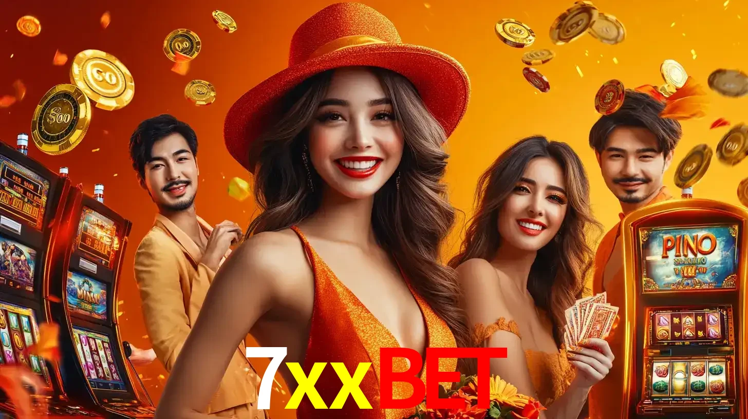 Grupo de amigos asiáticos sorrindo e se divertindo com máquinas de caça-níqueis em um ambiente festivo, celebrando suas vitórias nos jogos de cassino do 7xxbet.