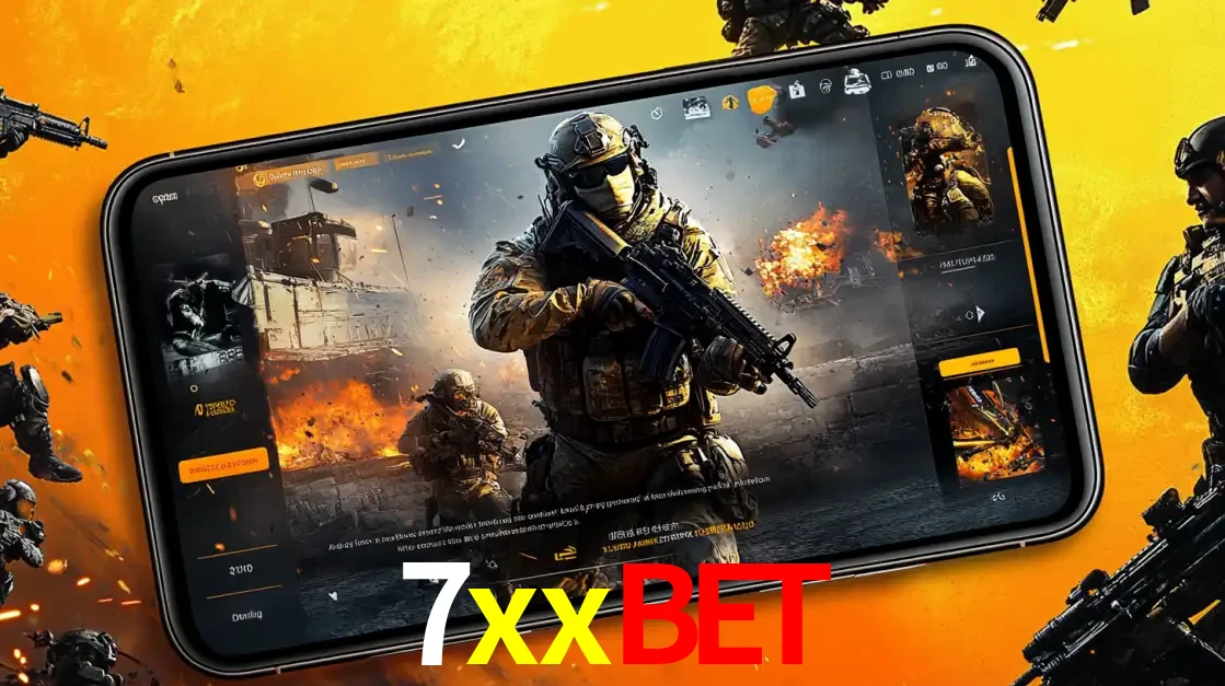 Um smartphone exibindo a interface de um jogo de tiro em primeira pessoa, com um soldado em um cenário de batalha, representando a ação dos e-sports para apostar no 7xxbet.