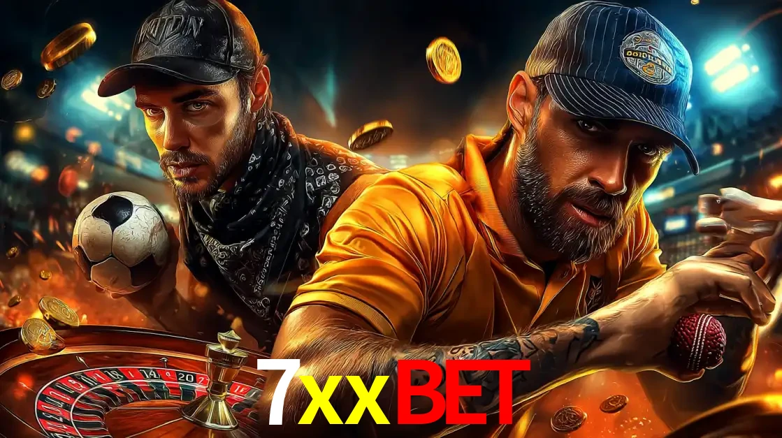 Montagem de apostas esportivas e cassino no 7xxbet, com um homem segurando uma bola de futebol e outro uma de beisebol sobre uma roleta e moedas voadoras.