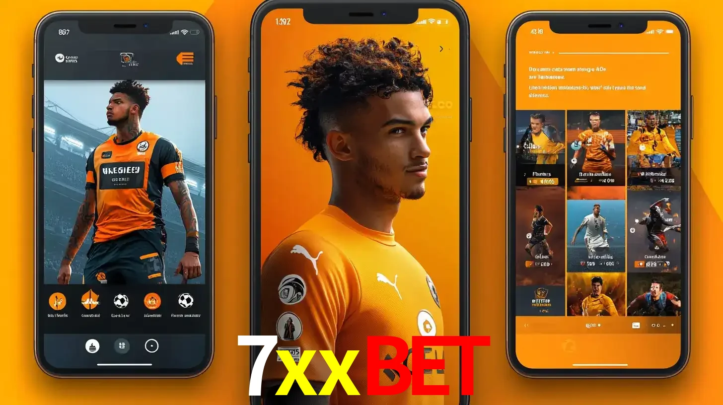 Interface do aplicativo de apostas esportivas 7xxbet em três telas de celular, mostrando o perfil de um jogador de futebol e a lista de jogos disponíveis para apostar.