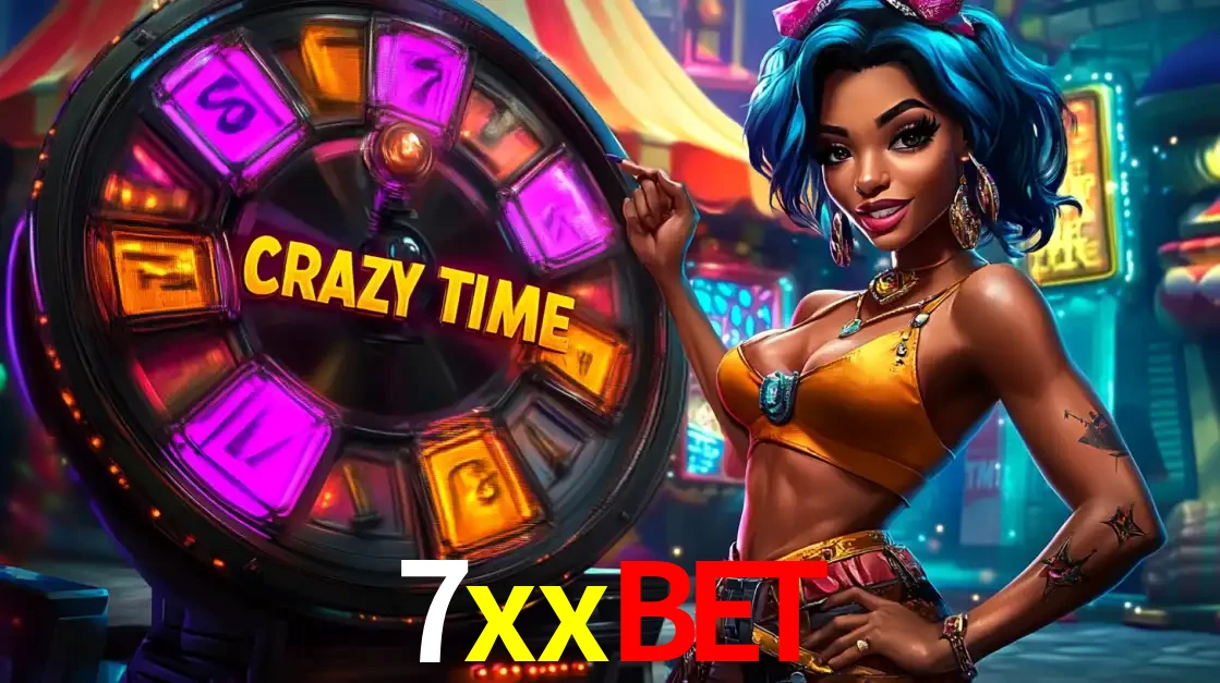 Mulher estilizada com cabelo azul e visual vibrante posando ao lado da roda de prêmios do game show Crazy Time, convidando para a diversão e os bônus do cassino 7xxbet.