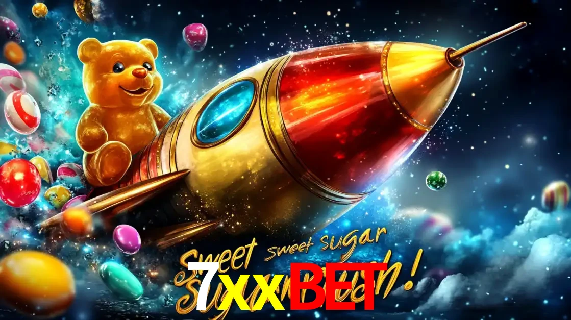 Arte promocional do jogo de slot Sugar Rush, com um urso de pelúcia em um foguete viajando pelo espaço de doces, um dos jogos divertidos disponíveis no cassino 7xxbet.