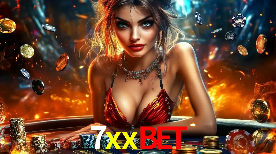 Mulher em uma mesa de cassino com pilhas de fichas e um fundo de fogo, pronta para uma rodada de altas apostas nos jogos de mesa emocionantes do cassino 7xxbet.