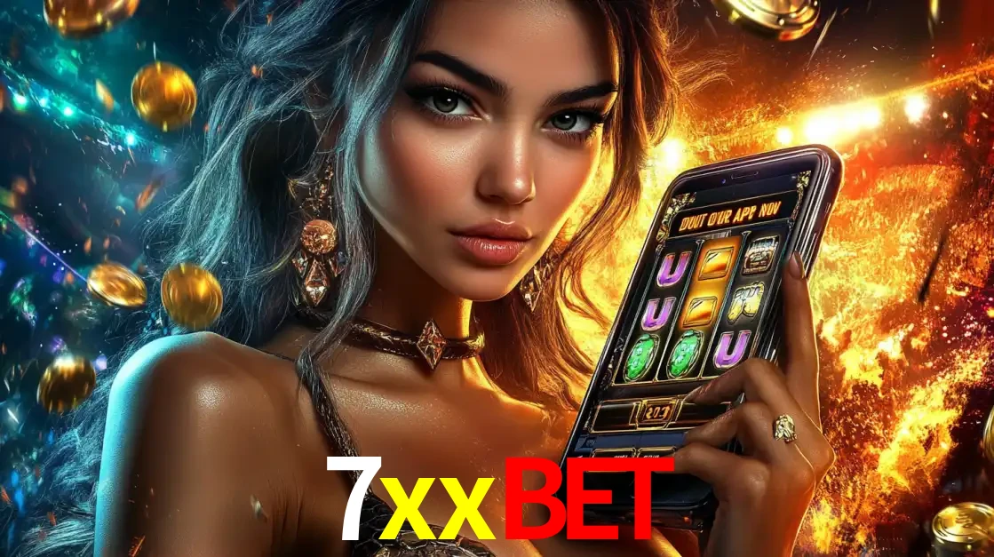 Mulher elegante mostrando um jogo de caça-níqueis em seu smartphone, destacando a experiência de cassino móvel oferecida pelo aplicativo 7xxbet.