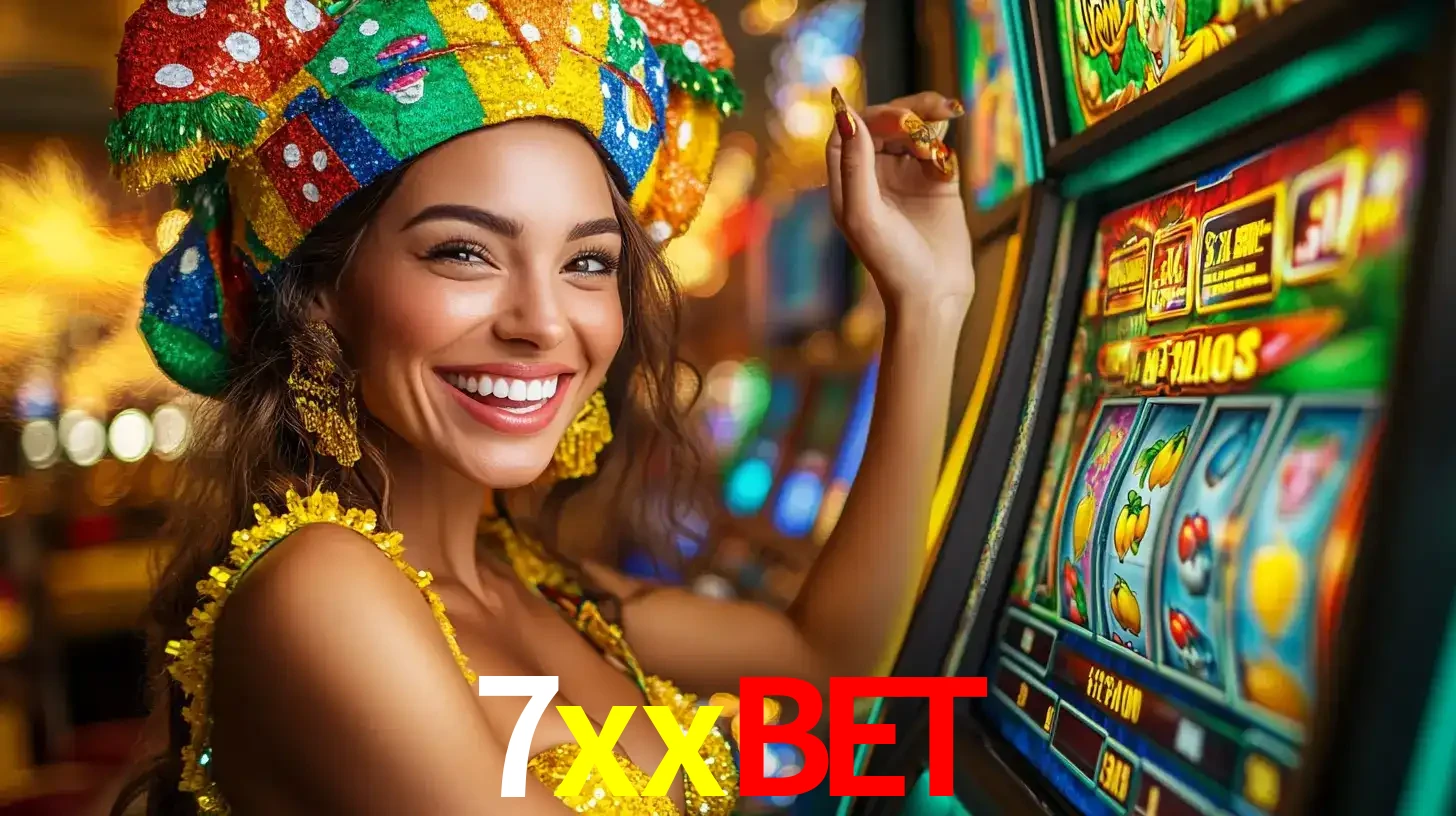 Mulher feliz com traje de carnaval amarelo e colorido ao lado de uma máquina de caça-níqueis, aproveitando a diversão e os jogos temáticos do cassino 7xxbet.