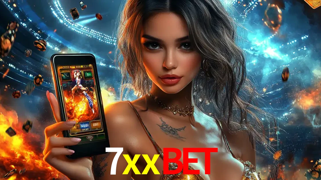 Mulher segurando um celular com um jogo de slot em destaque, tendo como fundo um estádio vibrante, simbolizando a emoção de jogar no cassino móvel 7xxbet.