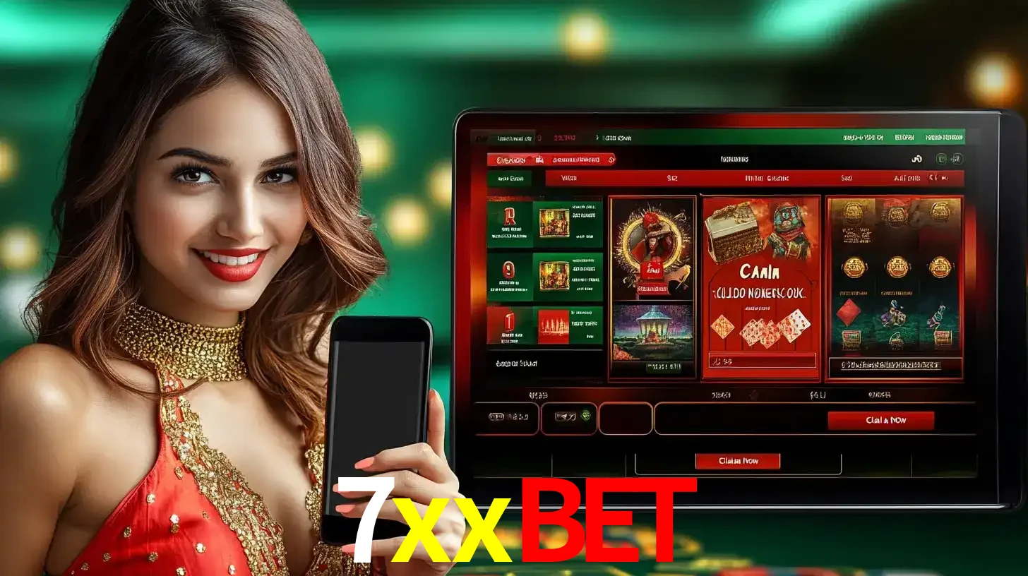 Mulher sorridente segurando um smartphone, ao lado de uma tela exibindo o lobby de jogos do cassino online 7xxbet, com várias opções de jogos de cartas e slots.
